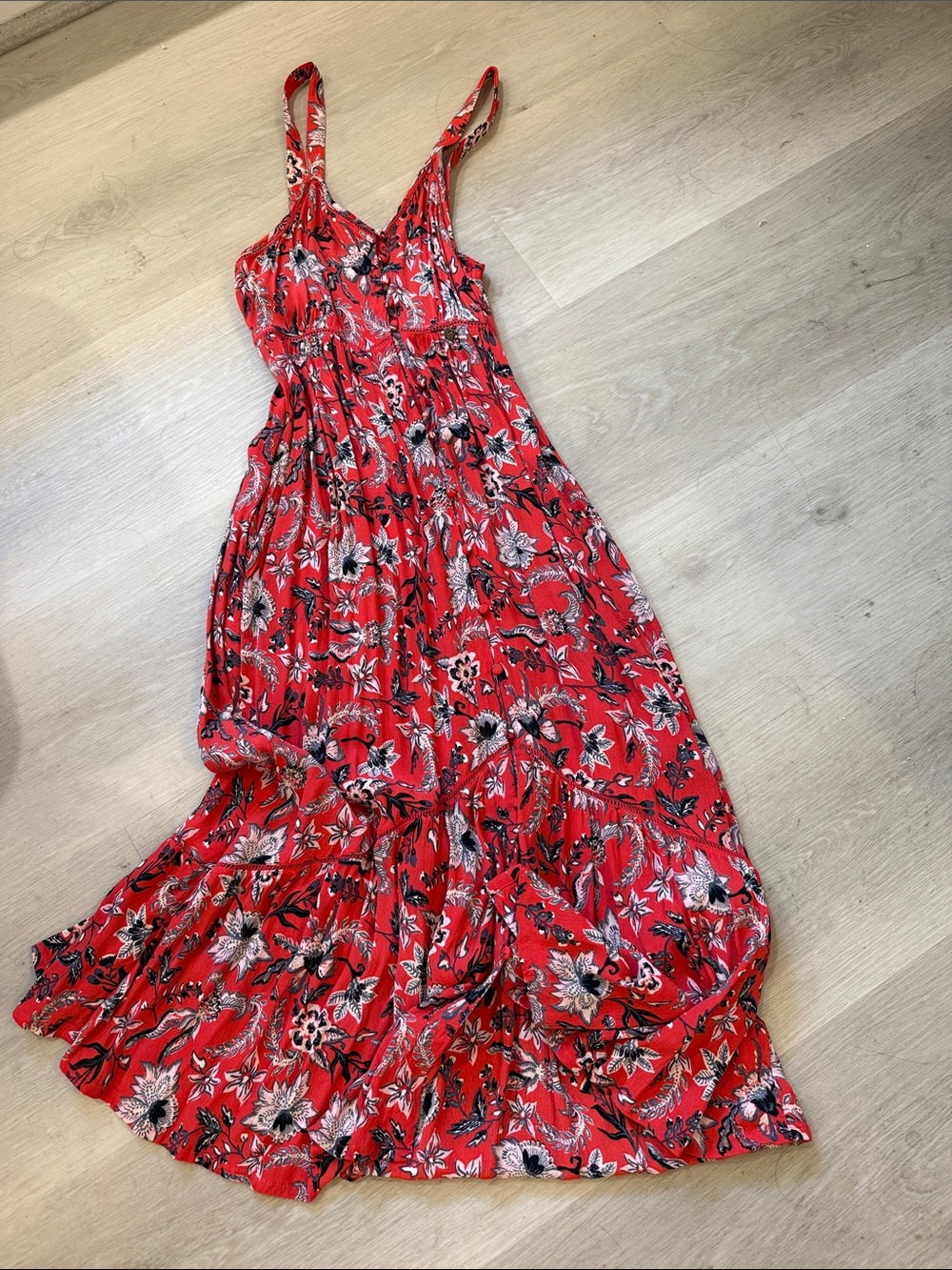 Superdry Red Floral Maxi Dress with Black & Cream Accents